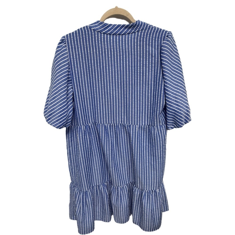 Sandra Darren Blue White Seersucker Stripe Tiered Dress Size 14 Fourth of July - Picture 4 of 6